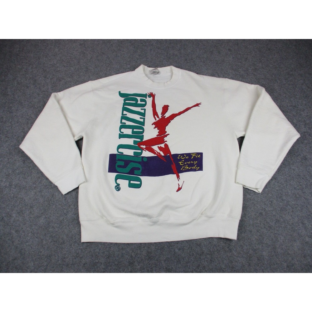VINTAGE Jazzercise Sweatshirt Mens XL White Red Fruit Of The Loom Sweater 90s